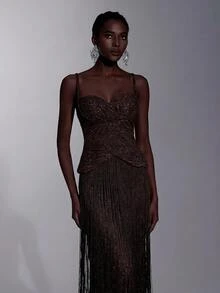 Elitara Elegant Luxury Knitted Glitter Spaghetti Strap Jumpsuit With Waist Ruching And Tassel Decor,Flattering Silhouette For Galas,Weddings&Formal Events - Brown - View 3