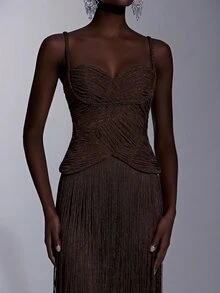Elitara Elegant Luxury Knitted Glitter Spaghetti Strap Jumpsuit With Waist Ruching And Tassel Decor,Flattering Silhouette For Galas,Weddings&Formal Events - Brown - View 5