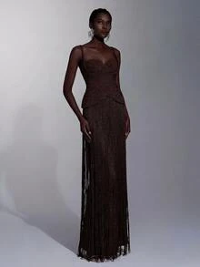 Elitara Elegant Luxury Knitted Glitter Spaghetti Strap Jumpsuit With Waist Ruching And Tassel Decor,Flattering Silhouette For Galas,Weddings&Formal Events - Brown - View 4