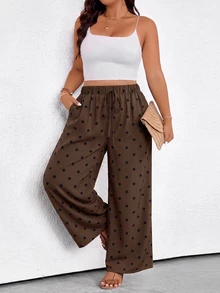 SHEIN LUNE Plus Size Women's Brown Spotty Casual Boho Daily Wear Long Pants Fall Vacation - Multicolor - View 5