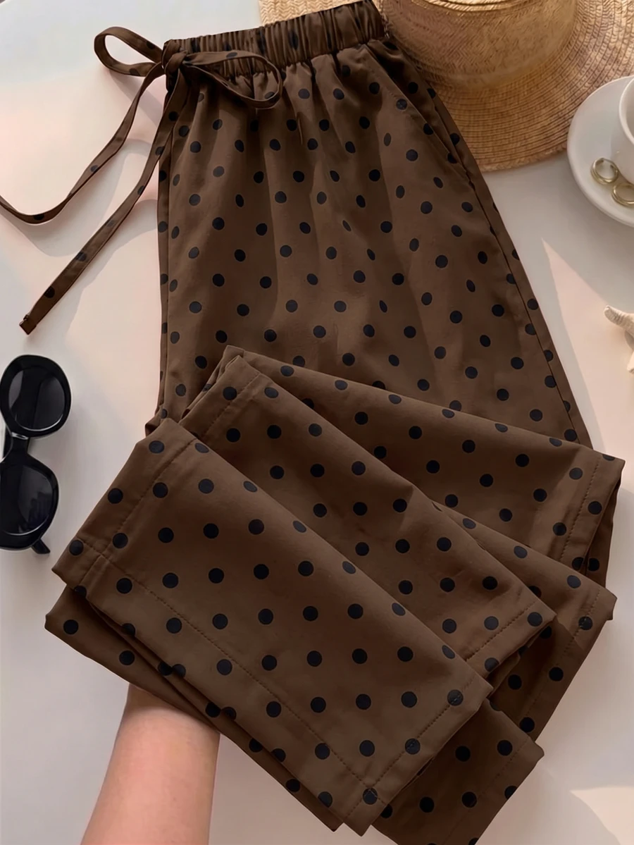 SHEIN LUNE Plus Size Women's Brown Spotty Casual Boho Daily Wear Long Pants Fall Vacation - Multicolor - View 1