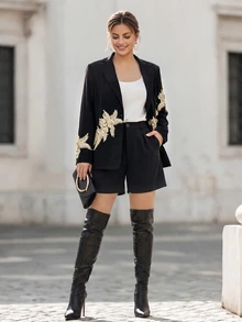 Chikora Plus Size Elegant 3D Floral Applique Button Jacket And Pocket Shorts Suit Set - Black - View 8