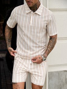 VENTUSAIL Men's Jacquard Contrast Color Button Half-Placket Polo Shirt And Drawstring Waist Shorts Set, Street, Casual - Khaki - View 3