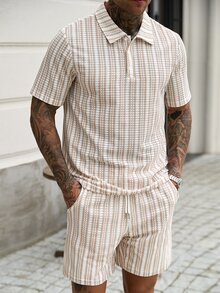 VENTUSAIL Men's Jacquard Contrast Color Button Half-Placket Polo Shirt And Drawstring Waist Shorts Set, Street, Casual - Khaki - View 5