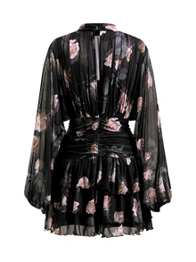 Women's Floral Print Stand Collar Lantern Sleeve Ruffle Hem Fashion Mini Dress Cocktail Party Night Black And Pink Autumn Romantic Elegant - Multicolor - View 3