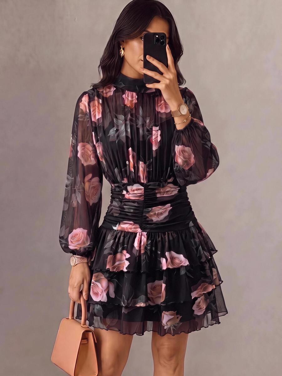 Women's Floral Print Stand Collar Lantern Sleeve Ruffle Hem Fashion Mini Dress Cocktail Party Night Black And Pink Autumn Romantic Elegant
