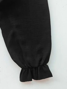 SHEIN LUNE CURVE Áo blouse nữ tay dài phong cách đua xe casual, màu trơn, thắt nơ trước, viền bèo, lịch sự, màu nâu, cho mùa xuân/thu và đi du lịch - màu đen - Xem 6