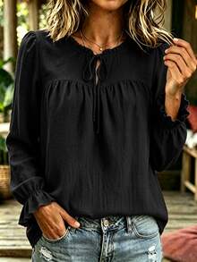 SHEIN LUNE CURVE Áo blouse nữ tay dài phong cách đua xe casual, màu trơn, thắt nơ trước, viền bèo, lịch sự, màu nâu, cho mùa xuân/thu và đi du lịch - màu đen - Xem 3