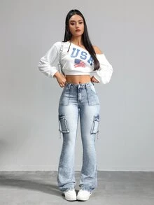 SHEIN Tall 女士牛仔裤 性感低腰紧身弹力喇叭裤 蓝色牛仔裤 女式高腰裤子 Y2k 牛仔裤 女式紧身裤 - 中等水洗藍 - 查看 6
