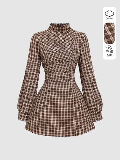 Sweetra French Sweet Academy Style Brown Plaid Mini High Neck Pleated Design Exquisite Button Embellished Unique Tie Cinched Waist Petal Sleeve Simple Versatile Women's Dress
