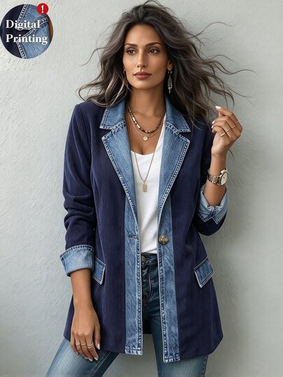 Linhara CURVE Spring/Autumn Corduroy Patchwork Denim Contrast Color Personalized Commute Casual Elegant Plus Size Blazer