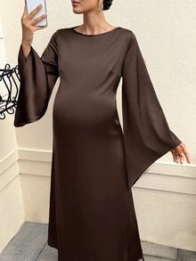 MaterniWear 孕婦純色圓領喇叭袖修身優雅洋裝 秋季 - 咖啡 - 查看 5