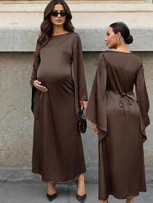 MaterniWear 孕婦純色圓領喇叭袖修身優雅洋裝 秋季 - 咖啡 - 查看 1
