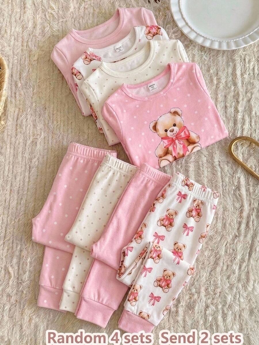 Young Girls 4-Piece Set Cute Cartoon Teddy Bear And Heart Bow Print Pajamas, Comfortable Knitted Long Sleeve Crew Neck Top And Leggings, Random 4 Sets Send 2 Sets - Multicolor - View 1