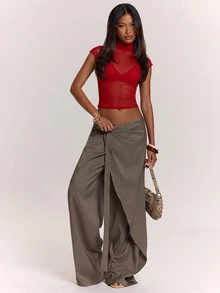 SHEIN BAE Women's Casual Commute Fashion Street Minimalist All-Match High Neck Mesh Knit Sheer Versatile Top Suitable For Outings, - Red - View 3