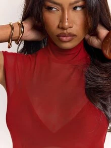 SHEIN BAE Women's Casual Commute Fashion Street Minimalist All-Match High Neck Mesh Knit Sheer Versatile Top Suitable For Outings, - Red - View 8