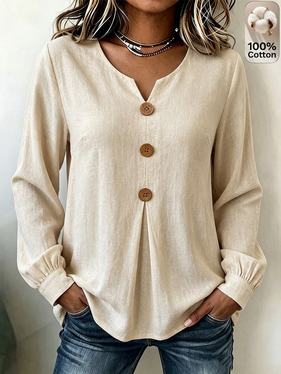 Linhara CURVE Plus Size Women's Solid Color Casual Versatile Daily Wear Shirt Fall - Apricot - View 1