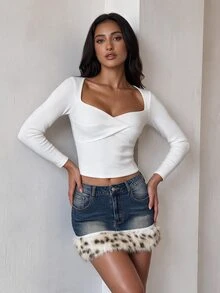 SHEIN Glamour 女款時尚毛絨拼接前拉鍊牛仔裙 - 藍色 - 查看 5