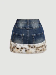 SHEIN Glamour 女款時尚毛絨拼接前拉鍊牛仔裙 - 藍色 - 查看 7