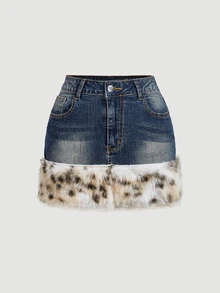 SHEIN Glamour 女款時尚毛絨拼接前拉鍊牛仔裙 - 藍色 - 查看 6