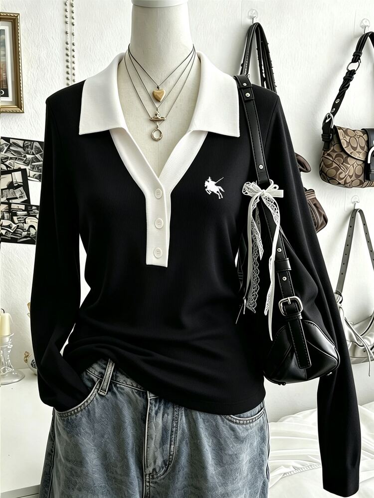 Lalippa Sweater Rajut Polo Kerah Blok Warna Vintage Awal Musim Gugur untuk Wanita, Lapisan Dalam, Dasar, Leher V, Bahu Reguler, Atasan Kaos - Hitam - View 3