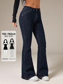 SHEIN PETITE 小碼女款休閒百搭喇叭腿牛仔褲，附口袋，秋季返校教師褲 - 黑色 - 查看 6