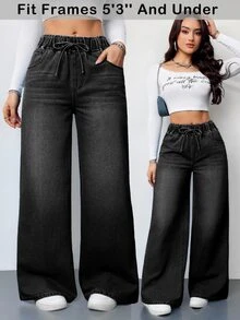SHEIN PETITE 女款腰部綁帶口袋寬腿寬鬆休閒牛仔褲 - 黑色 - 查看 8