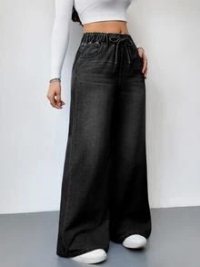 SHEIN PETITE 女款腰部綁帶口袋寬腿寬鬆休閒牛仔褲 - 黑色 - 查看 7