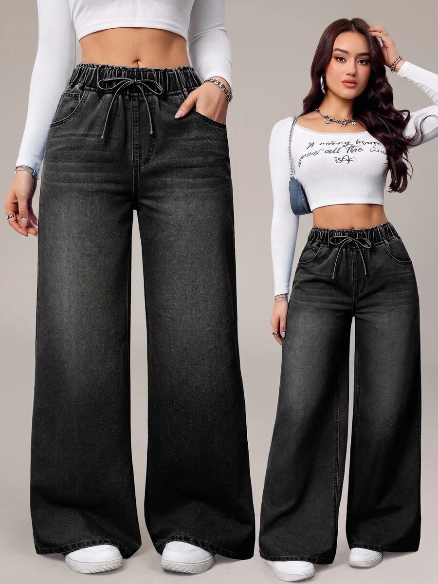 SHEIN PETITE 女款腰部綁帶口袋寬腿寬鬆休閒牛仔褲