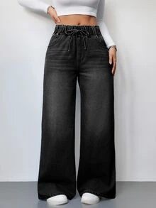SHEIN PETITE 女款腰部綁帶口袋寬腿寬鬆休閒牛仔褲 - 黑色 - 查看 4