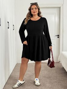 SHEIN CURVE+ Gaun Kasual Wanita Ukuran Besar, Serbaguna, Warna Polos, Gaun untuk Semua Acara Musim Gugur/Dingin, 5XL-8XL - Hitam - View 6