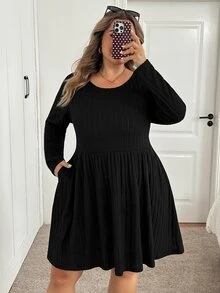 SHEIN CURVE+ Gaun Kasual Wanita Ukuran Besar, Serbaguna, Warna Polos, Gaun untuk Semua Acara Musim Gugur/Dingin, 5XL-8XL - Hitam - View 5