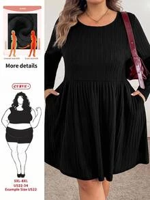 SHEIN CURVE+ Gaun Kasual Wanita Ukuran Besar, Serbaguna, Warna Polos, Gaun untuk Semua Acara Musim Gugur/Dingin, 5XL-8XL - Hitam - View 1