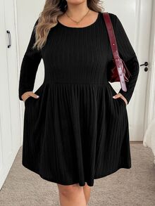 SHEIN CURVE+ Gaun Kasual Wanita Ukuran Besar, Serbaguna, Warna Polos, Gaun untuk Semua Acara Musim Gugur/Dingin, 5XL-8XL - Hitam - View 7