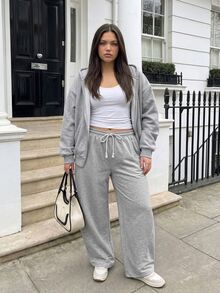 Comfortcana Plus Size Autumn/Winter Casual Loose Silhouette Drawstring Grey Long Sweatpants - Grey - View 6