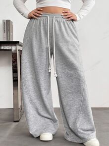 Comfortcana Plus Size Autumn/Winter Casual Loose Silhouette Drawstring Grey Long Sweatpants - Grey - View 1