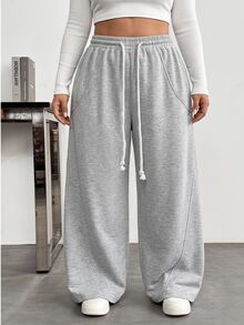 Comfortcana Plus Size Autumn/Winter Casual Loose Silhouette Drawstring Grey Long Sweatpants - Grey - View 2