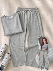 Comfortcana Plus Size Autumn/Winter Casual Loose Silhouette Drawstring Grey Long Sweatpants - Grey - View 5