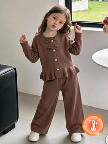 SHEIN Young Girl Knit Solid Kids Color Cute Bow Pattern Lace Trim Knit Top And Pants 2 Pieces Set, Suitable For Autumn/Winter - Brown - View 5