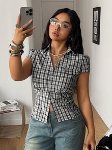 Coolane Women's Plus Size Summer Streetwear Y2K Beach Vacation Casual Vintage Preppy Chic Plaid Black Fitted Short Sleeve Shirts - Black and White - View 6