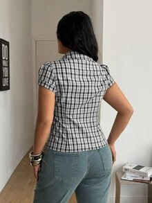 Coolane Women's Plus Size Summer Streetwear Y2K Beach Vacation Casual Vintage Preppy Chic Plaid Black Fitted Short Sleeve Shirts - Black and White - View 7