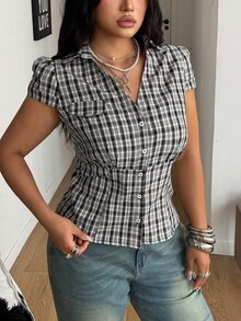 Coolane Women's Plus Size Summer Streetwear Y2K Beach Vacation Casual Vintage Preppy Chic Plaid Black Fitted Short Sleeve Shirts - Black and White - View 3