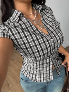 Coolane Women's Plus Size Summer Streetwear Y2K Beach Vacation Casual Vintage Preppy Chic Plaid Black Fitted Short Sleeve Shirts - Black and White - View 5
