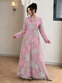 Al Najma رداء طويل فضفاض كاجوال يومي للنساء من قماش شبكي مزين بالخرز - وردي فاتح - مشاهدة 4