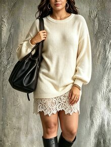 Ceyna Plus Size Women's Soft Cream Solid Color Round Neck Lantern Sleeve Patchwork Asymmetrical Lace Trim Elegant Casual Fall Knit Sweater Dress Evening - Apricot - View 5