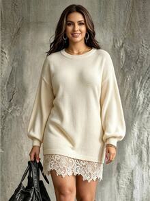 Ceyna Plus Size Women's Soft Cream Solid Color Round Neck Lantern Sleeve Patchwork Asymmetrical Lace Trim Elegant Casual Fall Knit Sweater Dress Evening - Apricot - View 1