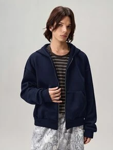 Vaulklash 男士純色落肩長袖拉鍊連帽衛衣 大學假期校外教師風 海軍藍 秋季休閒款 - 藏蓝色 - 查看 6