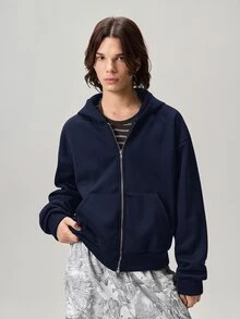 Vaulklash 男士純色落肩長袖拉鍊連帽衛衣 大學假期校外教師風 海軍藍 秋季休閒款 - 藏蓝色 - 查看 5