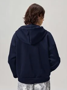 Vaulklash 男士純色落肩長袖拉鍊連帽衛衣 大學假期校外教師風 海軍藍 秋季休閒款 - 藏蓝色 - 查看 3
