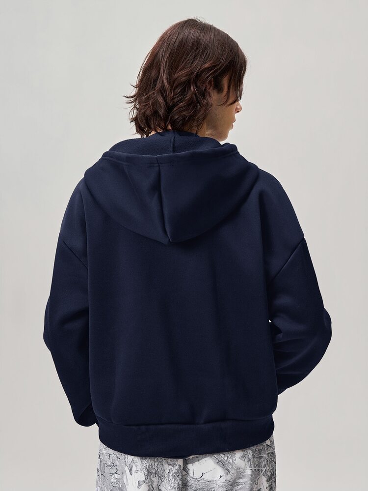 Vaulklash Men's Solid Color Drop Shoulder Long Sleeve Zip-Up Hooded Sweatshirt College Holiday Off Campus Teacher Navy Blue Autumn Casual - Navy Blue - View 3